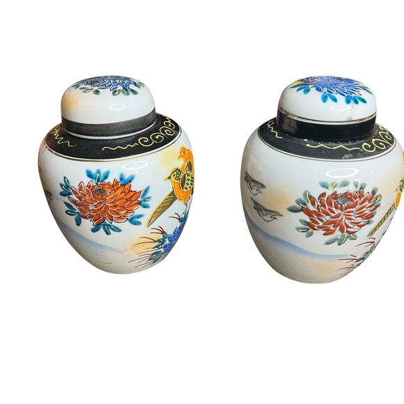 Vtg Small Midcentury Colorful Ginger Jar w Lid Bird Flowers Japan 4.75" Set of 2 - Picture 4 of 9
